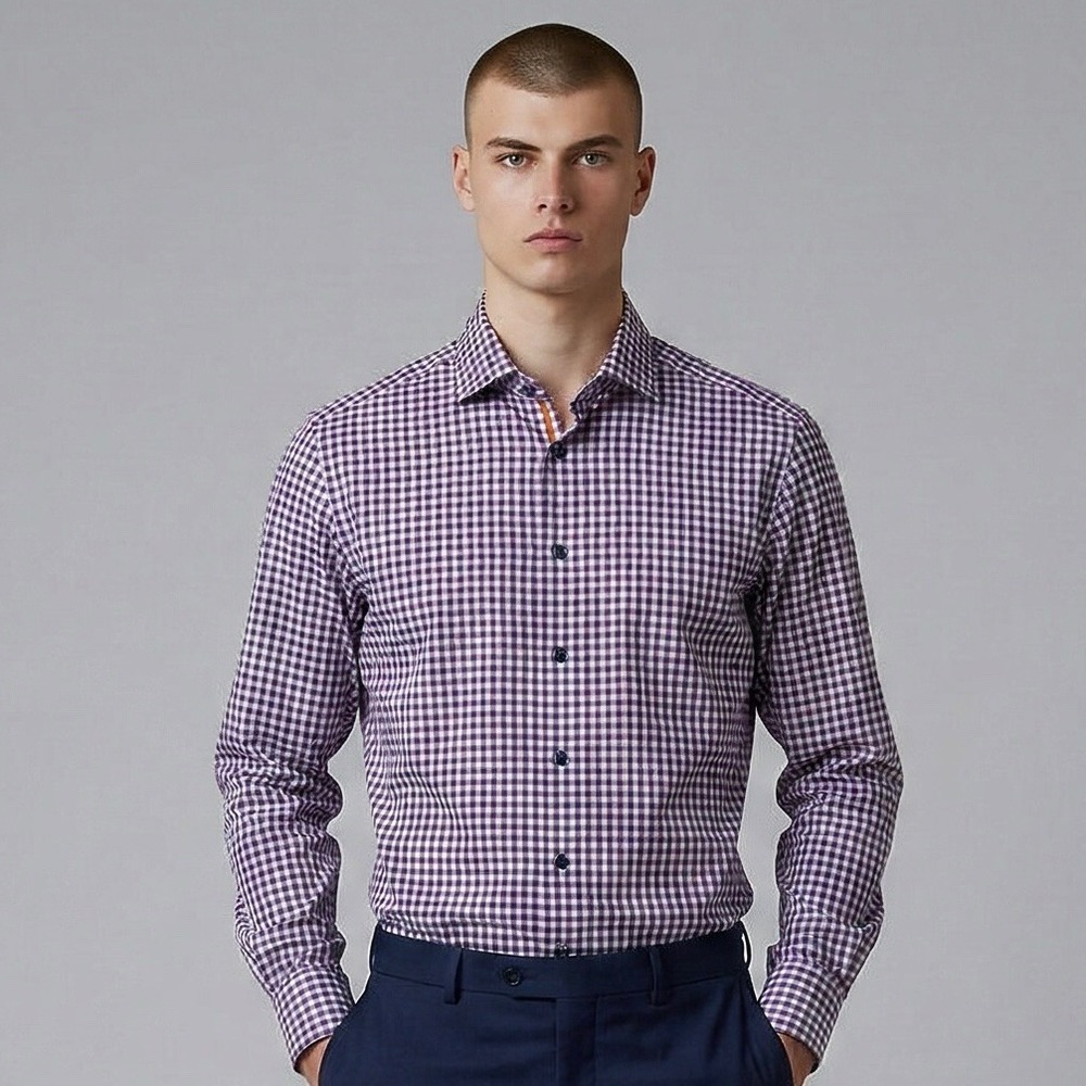 Eton Contemporary Fit Dress Shirt Mens 16.5 42 Purple Gingham Check Buton Down